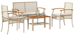 vidaXL 4 pcs conjunto lounge de jardim c/ almofadões vime PE bege