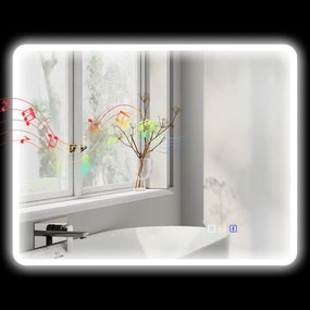 Espelho de casa de banho LED com Bluetooth, 70 x 90 cm, interruptor tátil, iluminação regulável, 3 cores, antiembaciamento, memória, prateado
