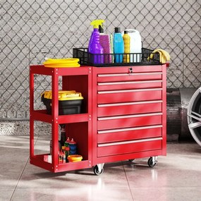 Carrinho de Ferramentas 96x33,5x75 cm com 7 Gavetas Estante de 3 Níveis Removível Sistema de Fecho Central Asa 2 Rodas com Travão Vermelho