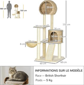 Arranhador  para gatos com arranhador de sisal natural, 2 nichos, plataforma, rede e peluche 60 x 60 x 150 cm, bege