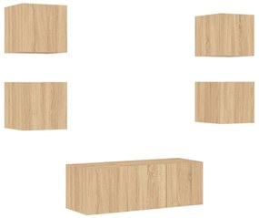 6pcs móveis parede p/ TV c/ LEDs deriv. madeira carvalho sonoma