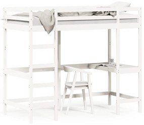 vidaXL Cama alta com secretária 90x200 cm pinho maciço branco
