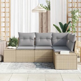 Conjunto de Sofá de Jardim 4 Peças com Almofadas Bege em Rattan Sintét