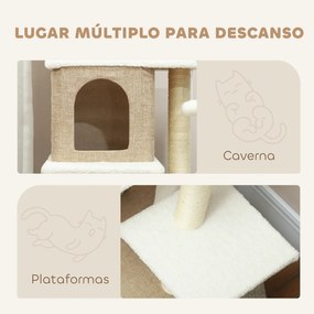 Arranhador para Gatos com 2 Cavernas Plataformas Bolas Suspensas e Poste de Sisal 48x40x140 cm Castanho Claro