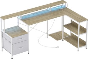 HOMCOM Mesa de canto com tomadas e luzes LED RGB, mesa de computador, 172 x 100 cm, suporte de ecrã, 2 gavetas, branco | Aosom Portugal