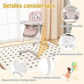 Cadeira alta dobrável refeição para bebés com rodas giratórias, 7 alturas ajustáveis, apoio para os pés, encosto, apoio para os pés e encosto em Rosa