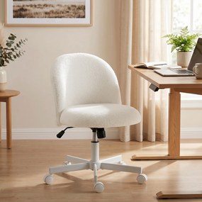 Cadeira de escritório ergonómica, reclinável em tecido bouclé sem braços, altura ajustável, creme
