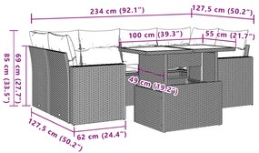 7 pcs conjunto de sofás jardim c/ almofadões vime PE castanho