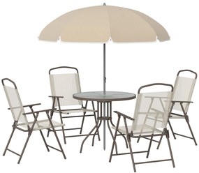 Outsunny Conjunto de Jardim Refeição 6 Peças com 4 Cadeiras Dobráveis Mesa com Bancada de Vidro e Chapéu de Sol Bege | Aosom Portugal