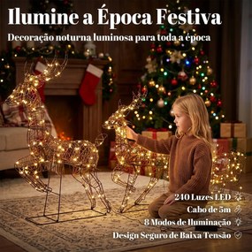 Conjunto de Renas e Trenó de Natal com Luzes, 3 Peças, em Rattan de PP, 240 LED, 8 Modos e Temporizador