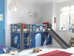 Conjunto Cama alta de Criança PINO 90 x 200 cm + estrado + escada + escorrega + cortina + bolsas de arrumação Astronauta Cinzenta