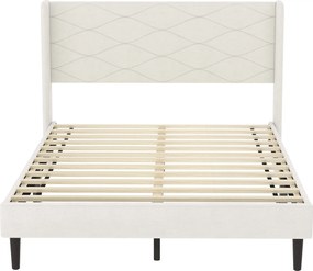 Cama Estofada 140x200 cm  (COLCHÃO NÃO INCLUIDO)  com Cabeceira Acolchoada com Abas em Veludo, Ripas de Madeira, Montagem Fácil, Bege