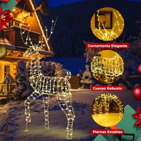Rena de Natal pré-iluminada de 186 cm com estrutura metálica Decoração de Natal 3D com 300 luzes LED em branco quente Cervos iluminados