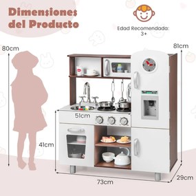Cozinha de brincar para crianças a partir dos 3 anos com sons, luzes, fogão, máquina de gelo, telefone, lava-loiça, utensílios 73 x 29 x 81 cm castanh