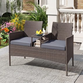 Banco jardim de rattan com mesinha para 2 pessoas em vidro temperado 62 x 124 x 84 cm, estante aberta, estrutura metálica, almofadas e capas laváveis,
