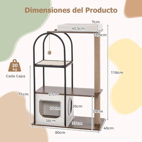 Arranhador para gatos de 118 cm com estrutura metálica Posto de arranhar de juta Tábua de sisal Bola de sisal Centro de actividades suspenso para gato