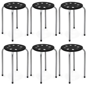 Conjunto de 6 bancos empilháveis de metal com assento redondo perfurado, estrutura metálica  Preto + Cinza