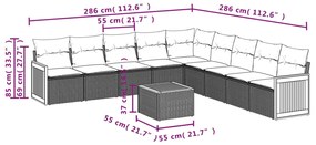 10 pcs conjunto sofás de jardim c/ almofadões vime PE preto