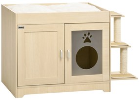 PawHut Caixa de Areia para Gatos de Madeira com Cama Almofada Suave 3 Plataformas e Postes de Sisal 107x54x70cm Carvalho