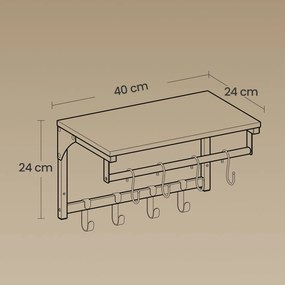 Cabide de parede com 8 ganchos e prateleira de 40 x 24 x 24 cm preto
