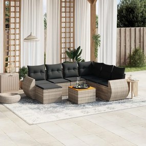 8 pcs conjunto sofás de jardim c/ almofadões vime PE cinzento