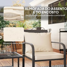 Conjunto de Jardim de 3 Peças com 2 Cadeiras e Mesa com Prateleira e Bancada de Vidro Castanho Escuro e Creme