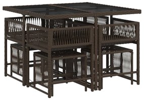 9 pcs conjunto jantar p/ jardim c/ almofadões vime PE castanho