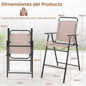 Conjunto de 2 bancos altos rebatíveis Jardim com estrutura metálica em tecido respirável e apoios para os braços Apoio para os pés para o pátio 53 x 6