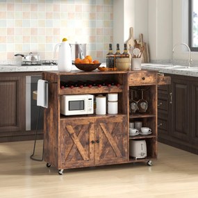 Carrinho de cozinha buffet com rodas Estante de vinho dobrável para copos 121 x 68 x 88 cm Castanho rústico