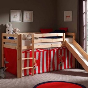 Conjunto Cama alta de Criança PINO 90 x 200 cm + estrado + escada + escorrega + cortina Circo Natural