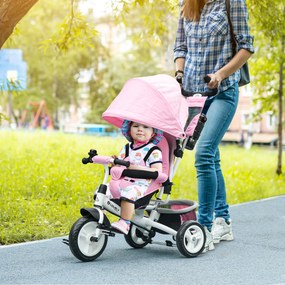 Triciclo para Bebés Evolutivo com Capota Dobrável Guiador Telescópico e Removível Bolsa e Porta-Garrafas 102x49x102 cm Rosa