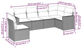 6 pcs conjunto sofás de jardim com almofadões vime cinzento