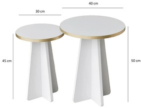 Conjunto de Mesas de Café Mushroom - Dourado e Branco - 40x50x40 cm e
