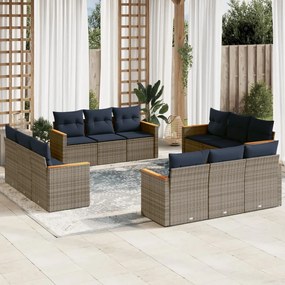 vidaXL 12 pcs conjunto sofás p/ jardim c/ almofadões vime PE cinzento