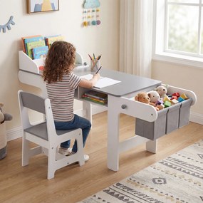 Conjunto de Mesa de Arte Infantil e Cadeira, 136 x 45,5 x 67 cm, Rolo de Desenho, Cinzento+Branco