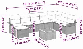 Conjunto de Sofás de Jardim com 9 Peças e Almofadas Rattan Poliéster P