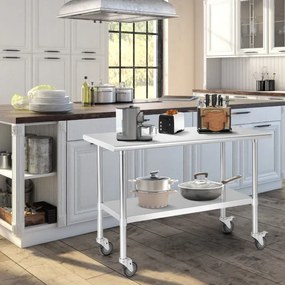 Mesa de preparação cozinha aço inoxidável com 4 rodas pernas galvanizadas prateleira ajustável para cozinha 122 x 61 x 89 cm Prateado
