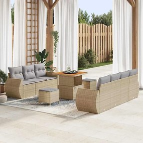 Conjunto de Sofá de Jardim com 10 Peças e Almofadas Bege Vime PE Acácia