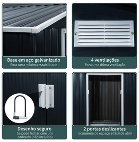 Abrigo de Jardim 213x130x185cm Abrigo de Jardim Metálico de Exterior para Armazenamento de Ferramentas com 2 Portas Deslizantes e 4 Janelas para Terra