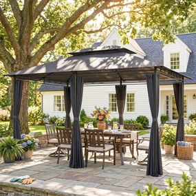 Pérgola de Jardim 3x4 m com Teto Duplo 6 Paredes Laterais Estrutura Metálica Drenagem Pérgola para Exterior Cinzento