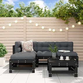 vidaXL 5pcs conjunto lounge jardim com almofadões madeira maciça preto
