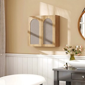 Armário de parede para casa de banho em estilo boémio 60 (L) x 30 (P) x 60 (A) cm, com 2 portas com efeito de rattan e fecho suave, e prateleira ajust