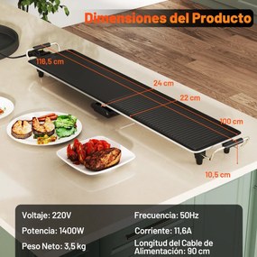 Grelhador elétrico Grelha com 2 superfícies de cozedura Termostato de 4 níveis 116,5 x 24 x 10,5 cm Preto