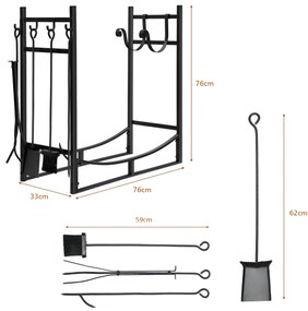 Estante para lenha para lareira Organizador de lenha com pá Apontador de lenha Pinça de lenha Escova de lenha 76 x 33 x 76 cm