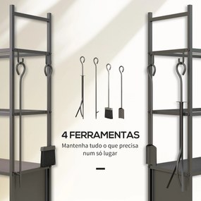 Suporte para Lenha com Rodas de 4 Níveis com Pá Escova Atiçador e Tenaz para Interior e Exterior 45x30x118 cm Preto