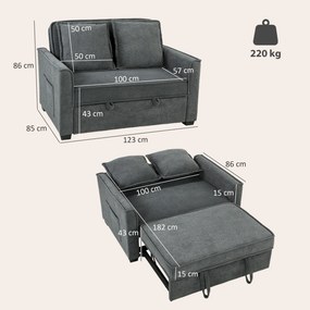 Sofá-Cama 2 Lugares 3 em 1 com Encosto Ajustável Bolsos Laterais 2 Almofadas para Sala Cinzento Escuro
