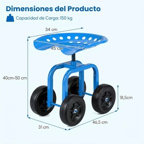 Assento de Jardim com Rodas, 45 x 46,5 x 40-50 cm, Altura Regulável, Azul