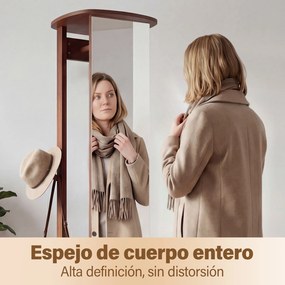Espelho giratório 3 em 1 com cabideiro, estantes e ganchos – organizador para quarto – 44 x 168 cm – Castanho