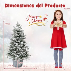 Árvore de Natal artificial pré-iluminada de 100 CM em vaso com neve 148 pontas em PVC e PE 80 luzes LED coloridas globulares Decoração Branco + Verde