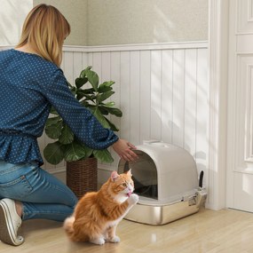 Caixa de Areia para Gatos em Aço Inoxidável com Tampa Caixa de Areia com Bolsa Desodorizante e Pá 52,4x41,3x39,9 cm Cinzento